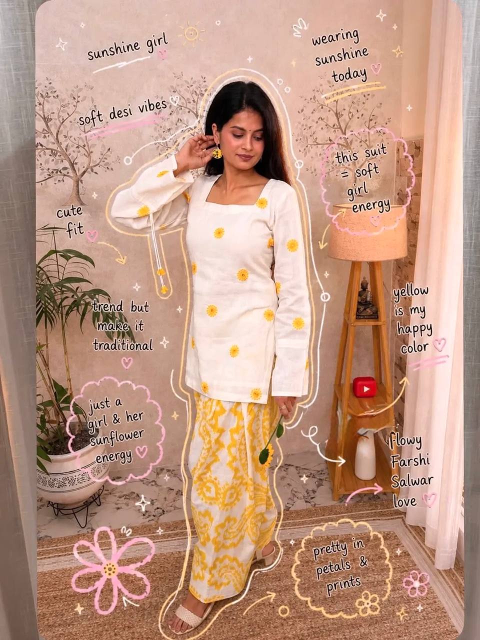 Radiant Ivory White Short Kurti Adorned with Sunshine Yellow Embroidery Paired with a Flowy Patterned Farshi Salwar